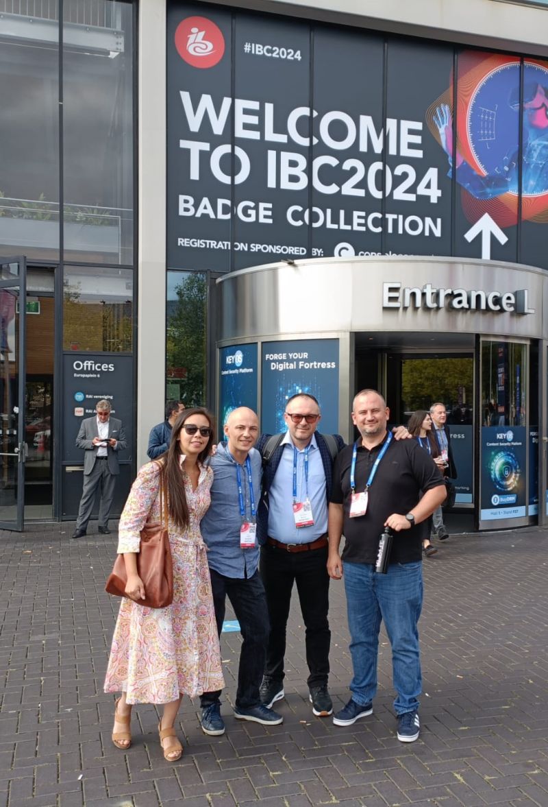 Karlijn, Jort and Oltion outside the entrance of IBC 2024 in Amsterdam